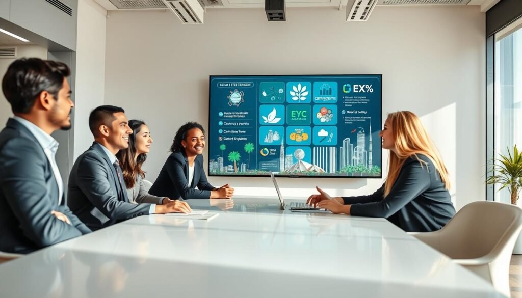 A dynamic scene showcasing successful models of social entrepreneurship in the United Arab Emirates. In the foreground, a diverse group of four professionals, dressed in smart business attire, engages in a brainstorming session around a modern conference table, sharing ideas enthusiastically. The middle ground features a large digital screen displaying various social initiatives, like eco-friendly projects and community-driven enterprises. In the background, subtle hints of the UAE skyline, with iconic buildings and greenery, complement the scene. Soft, natural lighting floods the space, creating an inspiring and collaborative atmosphere. The angle is slightly elevated, providing an overview that highlights the teamwork and innovative spirit of social entrepreneurship in the region. A dynamic scene showcasing successful models of social entrepreneurship in the United Arab Emirates. In the foreground, a diverse group of four professionals, dressed in smart business attire, engages in a brainstorming session around a modern conference table, sharing ideas enthusiastically. The middle ground features a large digital screen displaying various social initiatives, like eco-friendly projects and community-driven enterprises. In the background, subtle hints of the UAE skyline, with iconic buildings and greenery, complement the scene. Soft, natural lighting floods the space, creating an inspiring and collaborative atmosphere. The angle is slightly elevated, providing an overview that highlights the teamwork and innovative spirit of social entrepreneurship in the region.