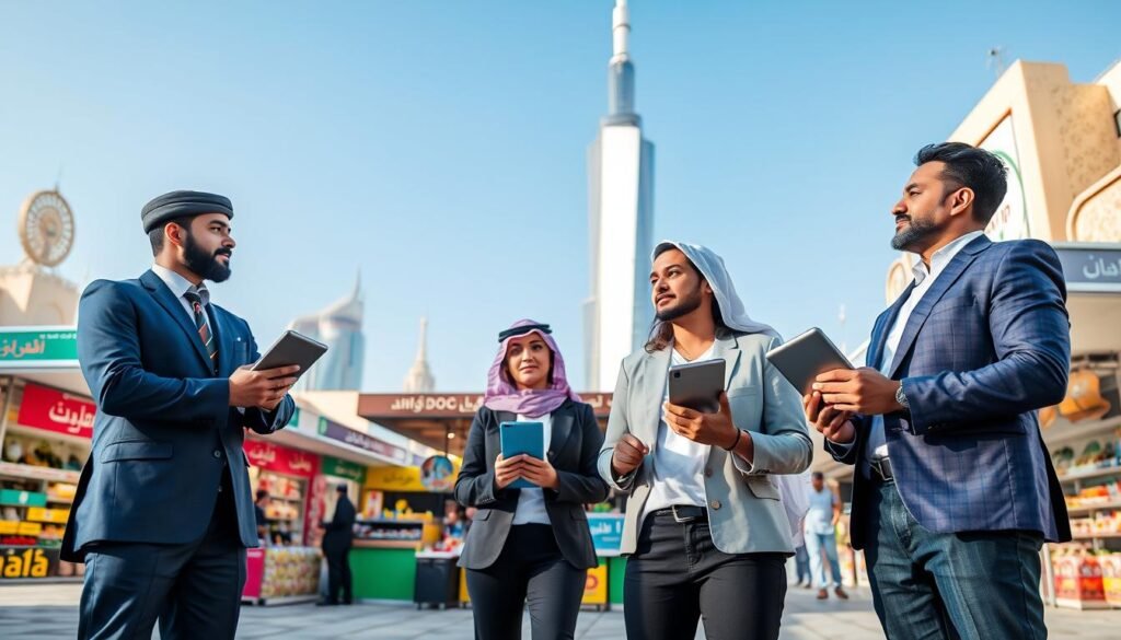 A dynamic scene showcasing the journey of entrepreneurs in the Saudi market. In the foreground, a diverse group of three professionals dressed in business attire, standing confidently, discussing ideas with digital tablets in hand. In the middle ground, a modern open-air marketplace with vibrant stalls displaying traditional Saudi products and innovative tech gadgets, representing a fusion of tradition and modernity. The background features iconic Saudi architecture, including the Kingdom Tower and cultural motifs, under a clear blue sky. Soft sunlight casts gentle shadows, enhancing the vibrant colors of the marketplace. The mood is optimistic and entrepreneurial, symbolizing growth and success in a lively trading environment. A dynamic scene showcasing the journey of entrepreneurs in the Saudi market. In the foreground, a diverse group of three professionals dressed in business attire, standing confidently, discussing ideas with digital tablets in hand. In the middle ground, a modern open-air marketplace with vibrant stalls displaying traditional Saudi products and innovative tech gadgets, representing a fusion of tradition and modernity. The background features iconic Saudi architecture, including the Kingdom Tower and cultural motifs, under a clear blue sky. Soft sunlight casts gentle shadows, enhancing the vibrant colors of the marketplace. The mood is optimistic and entrepreneurial, symbolizing growth and success in a lively trading environment.