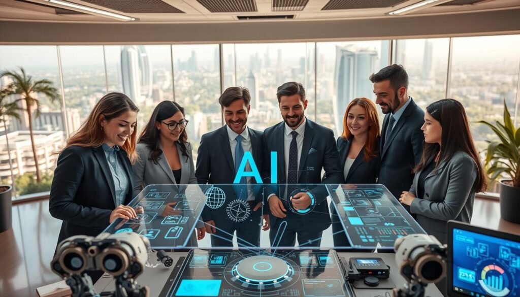 A futuristic office space symbolizes innovation in artificial intelligence. In the foreground, diverse professionals in business attire collaborate around a sleek, holographic interface displaying complex AI algorithms, their faces expressing enthusiasm and focus. In the middle ground, a high-tech workstation with advanced robotic tools and digital screens showcasing data analysis. The background reveals a panoramic window overlooking a vibrant, modern cityscape with lush greenery, highlighting a blend of nature and technology. Soft, bright lighting illuminates the scene, creating an optimistic atmosphere. The angle is slightly elevated to capture the interaction between the team and the innovative workspace, reinforcing the theme of UAE business incubators as the driving force behind AI innovations. A futuristic office space symbolizes innovation in artificial intelligence. In the foreground, diverse professionals in business attire collaborate around a sleek, holographic interface displaying complex AI algorithms, their faces expressing enthusiasm and focus. In the middle ground, a high-tech workstation with advanced robotic tools and digital screens showcasing data analysis. The background reveals a panoramic window overlooking a vibrant, modern cityscape with lush greenery, highlighting a blend of nature and technology. Soft, bright lighting illuminates the scene, creating an optimistic atmosphere. The angle is slightly elevated to capture the interaction between the team and the innovative workspace, reinforcing the theme of UAE business incubators as the driving force behind AI innovations.