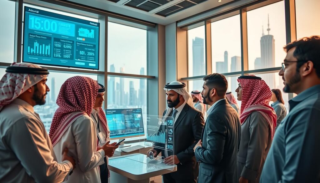 A modern fintech laboratory in Saudi Arabia, showcasing an advanced technology environment. In the foreground, diverse professionals in professional business attire are engaged in discussions, examining digital screens displaying financial data and innovative applications. The middle layer features state-of-the-art technology, including holographic displays and interactive interfaces that visualize financial transactions. In the background, large windows reveal a skyline of futuristic buildings, emphasizing the Gulf’s rapid development in financial technology. The scene is illuminated by soft, natural light, with a warm and collaborative atmosphere, capturing the essence of innovation and growth in the fintech sector. Use a wide-angle perspective to enhance the sense of spaciousness and modernity. A modern fintech laboratory in Saudi Arabia, showcasing an advanced technology environment. In the foreground, diverse professionals in professional business attire are engaged in discussions, examining digital screens displaying financial data and innovative applications. The middle layer features state-of-the-art technology, including holographic displays and interactive interfaces that visualize financial transactions. In the background, large windows reveal a skyline of futuristic buildings, emphasizing the Gulf’s rapid development in financial technology. The scene is illuminated by soft, natural light, with a warm and collaborative atmosphere, capturing the essence of innovation and growth in the fintech sector. Use a wide-angle perspective to enhance the sense of spaciousness and modernity.
