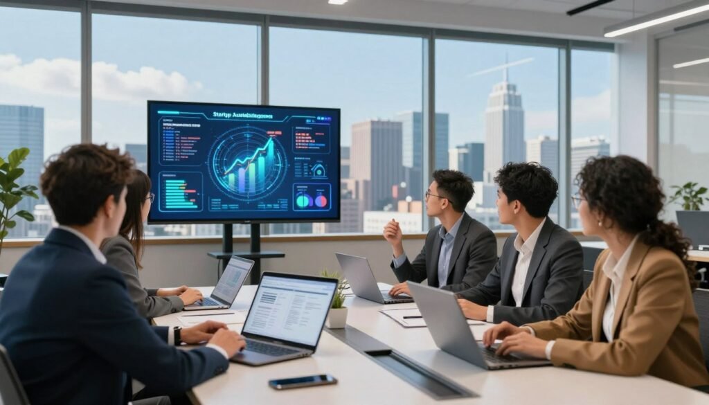 A modern office environment filled with innovative technology and vibrant energy. In the foreground, a diverse group of professionals in business attire are engaged in a brainstorming session around a sleek conference table, showcasing laptops and digital devices displaying graphs and prototypes. The middle ground features a large screen displaying a futuristic infographic about startup acceleration programs. The background reveals a panoramic view of a bustling city skyline under a bright blue sky, symbolizing growth and opportunity. Soft, natural lighting filters through large windows, creating a warm and inspiring atmosphere. The angle captures the collaboration from a low perspective, emphasizing teamwork and innovation in the startup ecosystem. A modern office environment filled with innovative technology and vibrant energy. In the foreground, a diverse group of professionals in business attire are engaged in a brainstorming session around a sleek conference table, showcasing laptops and digital devices displaying graphs and prototypes. The middle ground features a large screen displaying a futuristic infographic about startup acceleration programs. The background reveals a panoramic view of a bustling city skyline under a bright blue sky, symbolizing growth and opportunity. Soft, natural lighting filters through large windows, creating a warm and inspiring atmosphere. The angle captures the collaboration from a low perspective, emphasizing teamwork and innovation in the startup ecosystem.