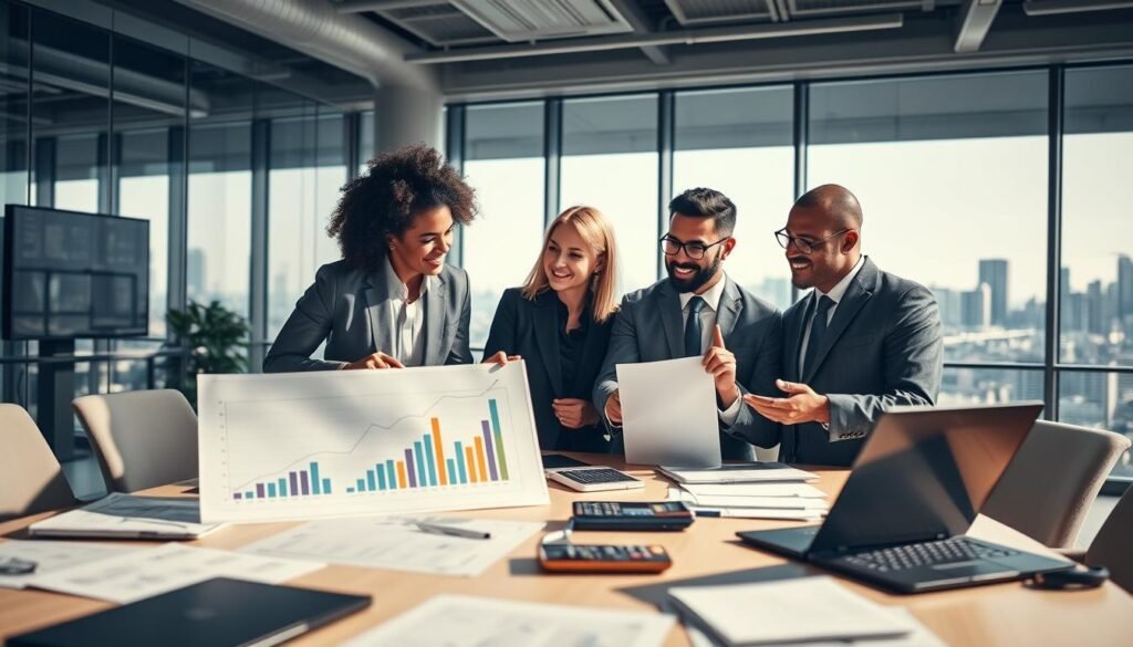 A modern office environment showcasing the concept of asset financing. In the foreground, a diverse group of three professionals in business attire discuss a financial chart featuring graphs and numerical data, with expressions of optimism and focus. The middle ground displays a large conference table with laptops, calculators, and documents strewn about, as well as a large screen showing investment opportunities. The background features large windows allowing soft, natural light to flood the space, revealing a city skyline. The atmosphere is collaborative and energetic, with a hint of ambition in the air. Capture this scene with a slightly blurred depth of field to emphasize the foreground discussion, using bright, warm lighting to enhance the positive mood of financial growth and opportunity. A modern office environment showcasing the concept of asset financing. In the foreground, a diverse group of three professionals in business attire discuss a financial chart featuring graphs and numerical data, with expressions of optimism and focus. The middle ground displays a large conference table with laptops, calculators, and documents strewn about, as well as a large screen showing investment opportunities. The background features large windows allowing soft, natural light to flood the space, revealing a city skyline. The atmosphere is collaborative and energetic, with a hint of ambition in the air. Capture this scene with a slightly blurred depth of field to emphasize the foreground discussion, using bright, warm lighting to enhance the positive mood of financial growth and opportunity.