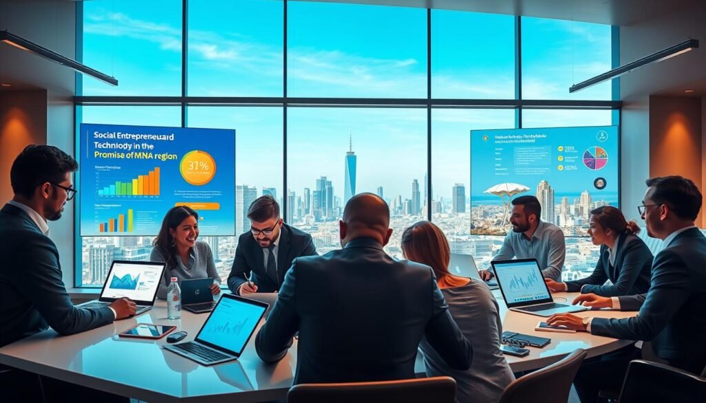 A modern office environment showcasing the intersection of technology and entrepreneurship. In the foreground, a diverse group of professionals in business attire is engaged in a brainstorming session around a sleek table, with digital devices like laptops and tablets displaying innovative graphs and data. In the middle ground, large screens exhibit vibrant infographics related to social entrepreneurship and technology trends in the MENA region. The background features a panoramic window with a city skyline, a clear blue sky reflecting the promise of innovation. The lighting is bright and inspiring, with warm tones that create an atmosphere of collaboration and forward-thinking. The overall mood conveys excitement and possibility, illustrating the role of innovation in fostering entrepreneurship. A modern office environment showcasing the intersection of technology and entrepreneurship. In the foreground, a diverse group of professionals in business attire is engaged in a brainstorming session around a sleek table, with digital devices like laptops and tablets displaying innovative graphs and data. In the middle ground, large screens exhibit vibrant infographics related to social entrepreneurship and technology trends in the MENA region. The background features a panoramic window with a city skyline, a clear blue sky reflecting the promise of innovation. The lighting is bright and inspiring, with warm tones that create an atmosphere of collaboration and forward-thinking. The overall mood conveys excitement and possibility, illustrating the role of innovation in fostering entrepreneurship.