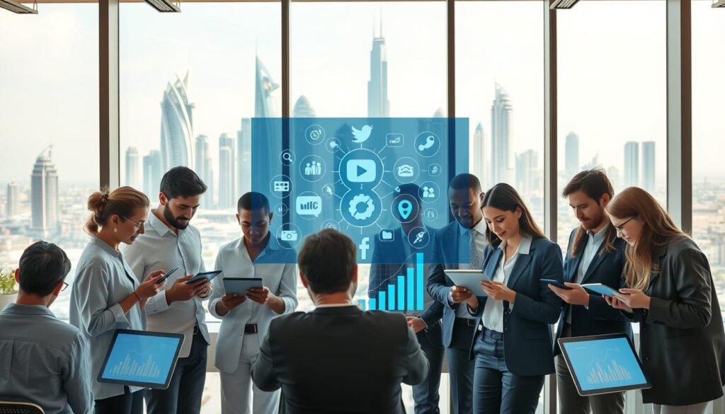 A modern office setting showcasing digital platforms and their role in establishing businesses. In the foreground, a diverse group of professionals, dressed in business attire, engage with tablets and laptops displaying graphs and data related to entrepreneurship. In the middle, a large digital screen highlights various digital tools and social media icons that symbolize online collaboration. The background features an expansive cityscape of Dubai, with iconic skyscrapers, representing economic growth and innovation. Soft, natural lighting streams through large windows, creating a warm and inviting atmosphere that reflects optimism and progress. The image conveys a sense of professionalism and modernity, illustrating the significance of digital platforms in business establishment in the UAE. A modern office setting showcasing digital platforms and their role in establishing businesses. In the foreground, a diverse group of professionals, dressed in business attire, engage with tablets and laptops displaying graphs and data related to entrepreneurship. In the middle, a large digital screen highlights various digital tools and social media icons that symbolize online collaboration. The background features an expansive cityscape of Dubai, with iconic skyscrapers, representing economic growth and innovation. Soft, natural lighting streams through large windows, creating a warm and inviting atmosphere that reflects optimism and progress. The image conveys a sense of professionalism and modernity, illustrating the significance of digital platforms in business establishment in the UAE.