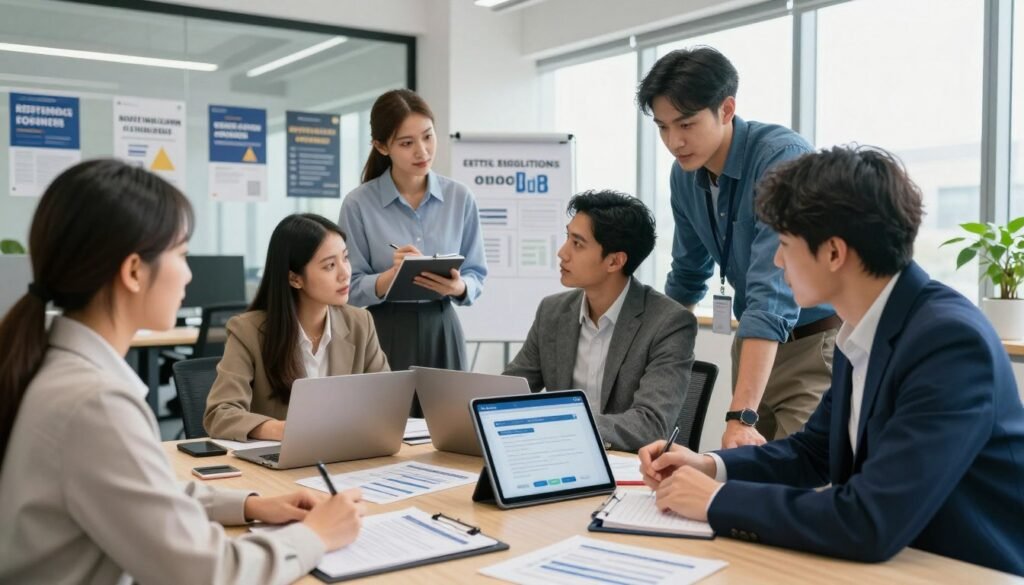 A modern office setting, with a diverse group of professionals in business attire actively discussing and planning for a competition registration. In the foreground, a well-organized table featuring registration forms, laptops, and a digital tablet displaying the competition website. The middle ground showcases a diverse group of four individuals (two men and two women) collaborating and taking notes, surrounded by motivational posters about entrepreneurship. In the background, the office has large windows allowing natural light to stream in, creating a bright and encouraging atmosphere. The angle captures the dynamic engagement of the team, emphasizing teamwork and enthusiasm. The overall mood is professional, inspiring, and focused on collaboration and innovation in entrepreneurship. A modern office setting, with a diverse group of professionals in business attire actively discussing and planning for a competition registration. In the foreground, a well-organized table featuring registration forms, laptops, and a digital tablet displaying the competition website. The middle ground showcases a diverse group of four individuals (two men and two women) collaborating and taking notes, surrounded by motivational posters about entrepreneurship. In the background, the office has large windows allowing natural light to stream in, creating a bright and encouraging atmosphere. The angle captures the dynamic engagement of the team, emphasizing teamwork and enthusiasm. The overall mood is professional, inspiring, and focused on collaboration and innovation in entrepreneurship.
