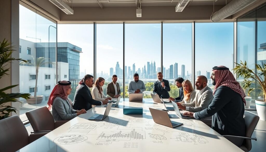 A modern office space in Riyadh, showcasing a dynamic environment where Saudi entrepreneurs collaborate. In the foreground, a diverse group of professionals in business attire are engaged in a lively discussion around a sleek conference table filled with laptops and sketches of innovative ideas. In the middle ground, a large window reveals a vibrant city skyline under a clear blue sky, symbolizing growth and opportunity. The background features contemporary architecture adorned with greenery, reflecting a blend of tradition and modernity. Natural sunlight bathes the scene, casting soft shadows and enhancing the optimistic atmosphere of innovation and support. The composition should evoke a sense of ambition and collaboration in the Saudi startup ecosystem. A modern office space in Riyadh, showcasing a dynamic environment where Saudi entrepreneurs collaborate. In the foreground, a diverse group of professionals in business attire are engaged in a lively discussion around a sleek conference table filled with laptops and sketches of innovative ideas. In the middle ground, a large window reveals a vibrant city skyline under a clear blue sky, symbolizing growth and opportunity. The background features contemporary architecture adorned with greenery, reflecting a blend of tradition and modernity. Natural sunlight bathes the scene, casting soft shadows and enhancing the optimistic atmosphere of innovation and support. The composition should evoke a sense of ambition and collaboration in the Saudi startup ecosystem.