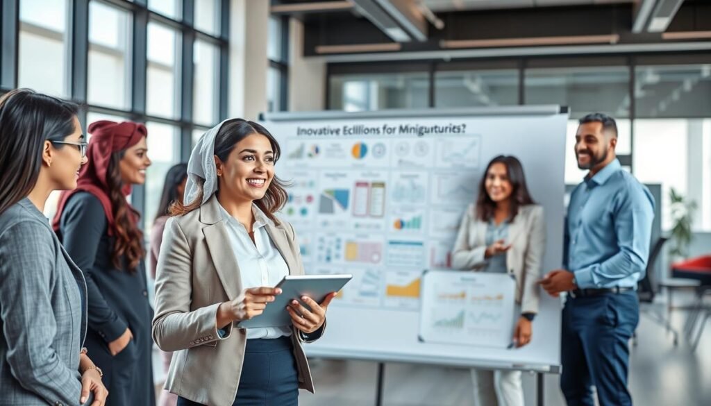 A modern, professional workspace showcasing a group of diverse Arab entrepreneurs engaged in a dynamic brainstorming session. In the foreground, a confident female entrepreneur in smart business attire presents ideas on a digital tablet, surrounded by colleagues of various backgrounds, all dressed in professional clothing. The middle layer features a large whiteboard filled with colorful diagrams and strategic plans that represent business excellence and innovative solutions. The background reveals a stylish office with large windows, letting in soft, natural light, enhancing the focus on collaboration and creativity. The atmosphere is energetic and inspiring, conveying a sense of ambition and teamwork, with an uplifting color palette of blues and whites for a fresh, modern look. A modern, professional workspace showcasing a group of diverse Arab entrepreneurs engaged in a dynamic brainstorming session. In the foreground, a confident female entrepreneur in smart business attire presents ideas on a digital tablet, surrounded by colleagues of various backgrounds, all dressed in professional clothing. The middle layer features a large whiteboard filled with colorful diagrams and strategic plans that represent business excellence and innovative solutions. The background reveals a stylish office with large windows, letting in soft, natural light, enhancing the focus on collaboration and creativity. The atmosphere is energetic and inspiring, conveying a sense of ambition and teamwork, with an uplifting color palette of blues and whites for a fresh, modern look.