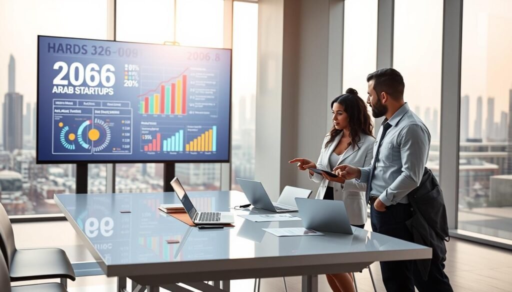 A modern, sleek office setting dominated by a large digital screen displaying vibrant data and statistics related to Arab startups for 2026. In the foreground, a diverse group of three professionals in business attire are engaged in discussion, analyzing data on a tablet and pointing at the screen. The middle layer features a high-tech conference table with laptops and charts. The background showcases a panoramic view of a contemporary city skyline through large windows, symbolizing growth and innovation. Soft, natural lighting filters through the windows, creating a bright and optimistic atmosphere. The overall mood is focused and ambitious, highlighting the potential of the startup ecosystem in the Arab world. A modern, sleek office setting dominated by a large digital screen displaying vibrant data and statistics related to Arab startups for 2026. In the foreground, a diverse group of three professionals in business attire are engaged in discussion, analyzing data on a tablet and pointing at the screen. The middle layer features a high-tech conference table with laptops and charts. The background showcases a panoramic view of a contemporary city skyline through large windows, symbolizing growth and innovation. Soft, natural lighting filters through the windows, creating a bright and optimistic atmosphere. The overall mood is focused and ambitious, highlighting the potential of the startup ecosystem in the Arab world.