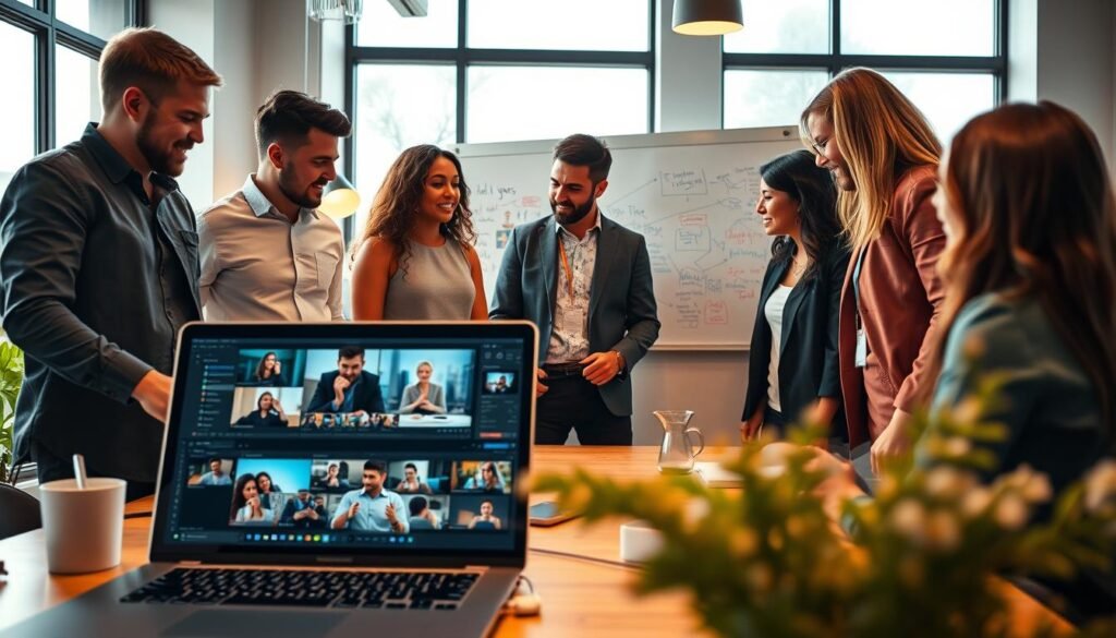 A modern, vibrant workspace filled with creative energy, featuring a diverse group of professionals, both men and women, dressed in smart casual attire, actively collaborating on a video project. In the foreground, a laptop displays a video editing software filled with colorful clips and graphics. The middle ground includes a whiteboard covered with brainstorming notes and ideas for engaging video content. In the background, large windows allow natural light to flood the room, creating an inviting atmosphere. Soft, warm lighting enhances the creativity of the scene. The camera angle is slightly elevated, capturing the dynamic teamwork and the exciting process of crafting professional, attractive video content. The mood is inspiring and focused, showcasing the art of video creation for small businesses. A modern, vibrant workspace filled with creative energy, featuring a diverse group of professionals, both men and women, dressed in smart casual attire, actively collaborating on a video project. In the foreground, a laptop displays a video editing software filled with colorful clips and graphics. The middle ground includes a whiteboard covered with brainstorming notes and ideas for engaging video content. In the background, large windows allow natural light to flood the room, creating an inviting atmosphere. Soft, warm lighting enhances the creativity of the scene. The camera angle is slightly elevated, capturing the dynamic teamwork and the exciting process of crafting professional, attractive video content. The mood is inspiring and focused, showcasing the art of video creation for small businesses.