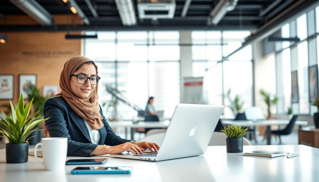 A modern, vibrant workspace filled with cutting-edge technology and creative energy. In the foreground, a Middle-Eastern woman in professional attire is engaged with a laptop, her expression focused and inspired, symbolizing the entrepreneurial spirit. In the middle space, innovative devices like smartphones, tablets, and augmented reality glasses showcase digital transformation. The background features a sleek office environment with large windows that allow natural sunlight to flood in, creating a warm and inviting atmosphere. Subtle details include plants for a touch of nature and motivational posters on the walls. The overall mood is one of empowerment and progress, reflecting a bright future for Arab women in entrepreneurship. Shot with a wide-angle lens to capture the dynamism of the environment, accentuated by soft, diffused lighting to enhance the creative ambiance. A modern, vibrant workspace filled with cutting-edge technology and creative energy. In the foreground, a Middle-Eastern woman in professional attire is engaged with a laptop, her expression focused and inspired, symbolizing the entrepreneurial spirit. In the middle space, innovative devices like smartphones, tablets, and augmented reality glasses showcase digital transformation. The background features a sleek office environment with large windows that allow natural sunlight to flood in, creating a warm and inviting atmosphere. Subtle details include plants for a touch of nature and motivational posters on the walls. The overall mood is one of empowerment and progress, reflecting a bright future for Arab women in entrepreneurship. Shot with a wide-angle lens to capture the dynamism of the environment, accentuated by soft, diffused lighting to enhance the creative ambiance.