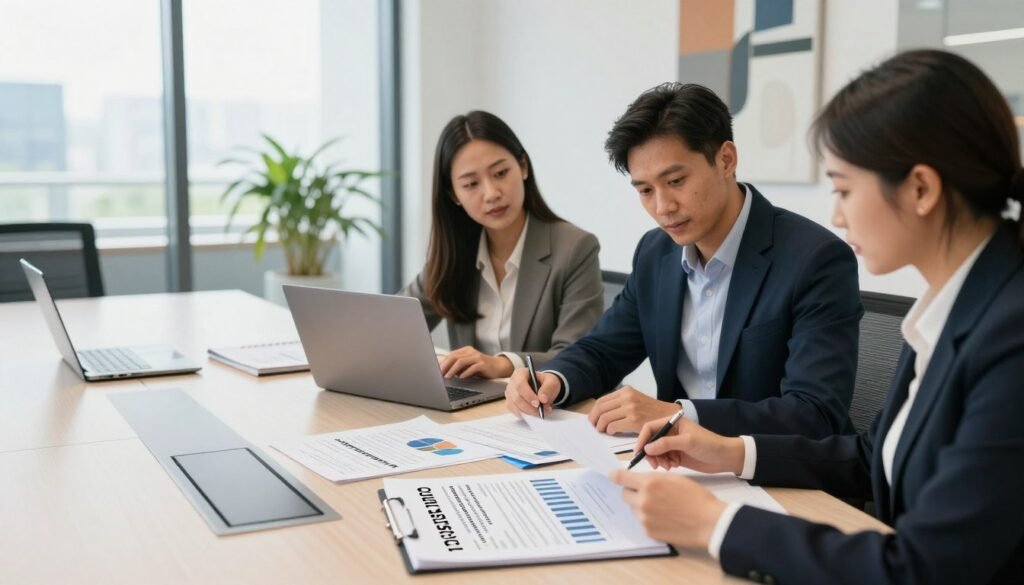 A professional business setting focused on the essential criteria for submitting an entrepreneurial grant application. In the foreground, a diverse group of three individuals in formal business attire—one man and two women—are engaged in a discussion, reviewing documents and charts. The middle layer showcases a modern conference table with laptops, application forms, and a large notepad displaying bullet points of the criteria. The background features a sleek office environment with large windows allowing natural light to pour in, and an abstract art piece on the wall. The atmosphere is focused, collaborative, and forward-thinking, with an emphasis on professionalism and innovation. The lighting is bright yet soft, creating an inviting and motivational ambiance. A professional business setting focused on the essential criteria for submitting an entrepreneurial grant application. In the foreground, a diverse group of three individuals in formal business attire—one man and two women—are engaged in a discussion, reviewing documents and charts. The middle layer showcases a modern conference table with laptops, application forms, and a large notepad displaying bullet points of the criteria. The background features a sleek office environment with large windows allowing natural light to pour in, and an abstract art piece on the wall. The atmosphere is focused, collaborative, and forward-thinking, with an emphasis on professionalism and innovation. The lighting is bright yet soft, creating an inviting and motivational ambiance.