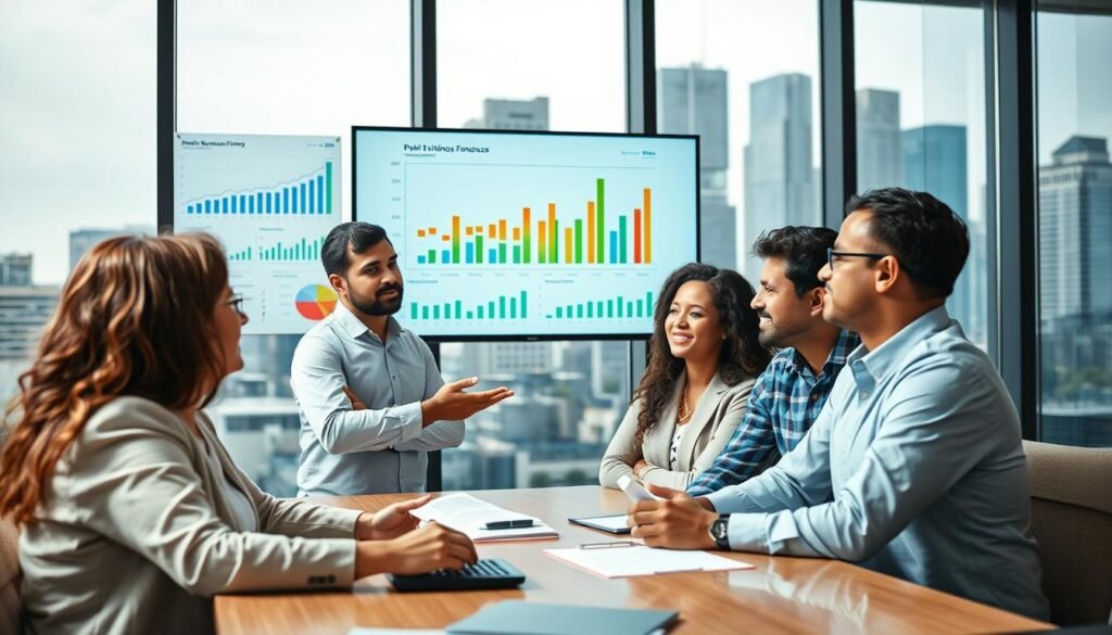 A professional financial advisor presenting a detailed financial forecast in a modern office setting, with clear charts and graphs displayed on a large screen in the background. In the foreground, a diverse group of small business owners, dressed in business casual attire, attentively discussing potential funding sources, with a notepad and calculator on the table. The lighting is bright and inviting, highlighting the faces of the people engaged in conversation, enhancing a collaborative atmosphere. A large window in the background reveals a city skyline, emphasizing ambition and growth. The scene conveys a sense of professionalism, opportunity, and strategic planning in small business financing. A professional financial advisor presenting a detailed financial forecast in a modern office setting, with clear charts and graphs displayed on a large screen in the background. In the foreground, a diverse group of small business owners, dressed in business casual attire, attentively discussing potential funding sources, with a notepad and calculator on the table. The lighting is bright and inviting, highlighting the faces of the people engaged in conversation, enhancing a collaborative atmosphere. A large window in the background reveals a city skyline, emphasizing ambition and growth. The scene conveys a sense of professionalism, opportunity, and strategic planning in small business financing.