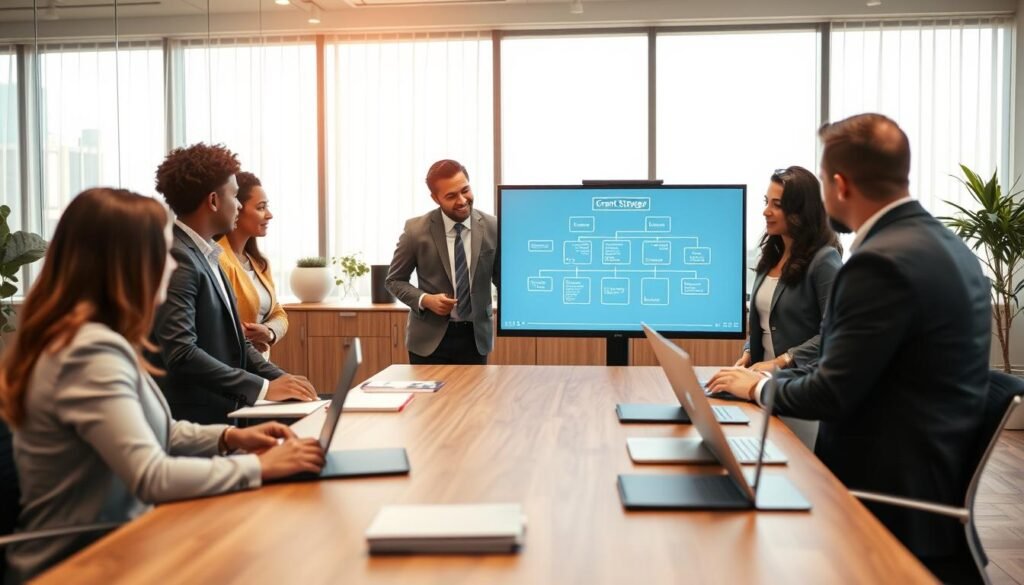 A professional office setting focusing on strategies to improve grant acquisition opportunities. In the foreground, a diverse group of four professionals engaged in a lively discussion, all wearing business attire. They are reviewing a digital presentation displaying a flowchart of grant strategies on a sleek monitor. In the middle ground, a wooden conference table adorned with notebooks and laptops, conveying an atmosphere of collaboration and initiative. The background features a large window with soft natural light streaming in, illuminating the modern office decor and promoting a sense of optimism. The overall mood is one of determination, innovation, and teamwork, highlighting the importance of strategic planning in securing grants. A professional office setting focusing on strategies to improve grant acquisition opportunities. In the foreground, a diverse group of four professionals engaged in a lively discussion, all wearing business attire. They are reviewing a digital presentation displaying a flowchart of grant strategies on a sleek monitor. In the middle ground, a wooden conference table adorned with notebooks and laptops, conveying an atmosphere of collaboration and initiative. The background features a large window with soft natural light streaming in, illuminating the modern office decor and promoting a sense of optimism. The overall mood is one of determination, innovation, and teamwork, highlighting the importance of strategic planning in securing grants.