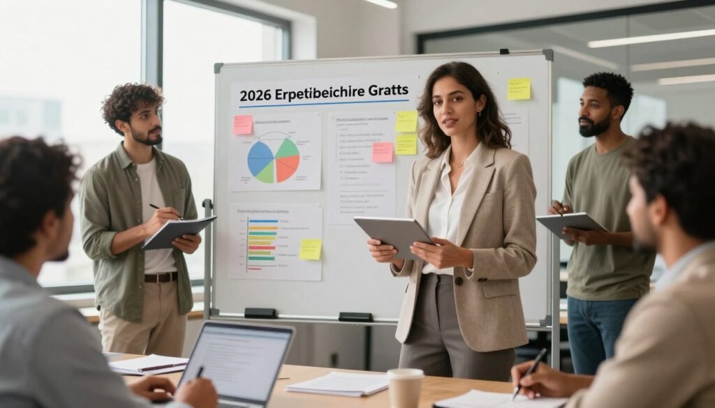 A professional setting showcasing a diverse group of individuals engaged in a brainstorming session about entrepreneurship grants. In the foreground, a confident woman in business attire confidently presents her ideas using a digital tablet, while a man nearby takes notes enthusiastically. In the middle ground, a large whiteboard filled with colorful charts and sticky notes highlights key strategies for successful application submission for the 2026 entrepreneurship grants in Saudi Arabia. The background features a modern office space with soft natural lighting streaming through large windows, creating an inspiring and collaborative atmosphere. The overall mood is focused and professional, emphasizing teamwork and innovation. The image should have a warm color palette, inviting viewers into the scene. A professional setting showcasing a diverse group of individuals engaged in a brainstorming session about entrepreneurship grants. In the foreground, a confident woman in business attire confidently presents her ideas using a digital tablet, while a man nearby takes notes enthusiastically. In the middle ground, a large whiteboard filled with colorful charts and sticky notes highlights key strategies for successful application submission for the 2026 entrepreneurship grants in Saudi Arabia. The background features a modern office space with soft natural lighting streaming through large windows, creating an inspiring and collaborative atmosphere. The overall mood is focused and professional, emphasizing teamwork and innovation. The image should have a warm color palette, inviting viewers into the scene.