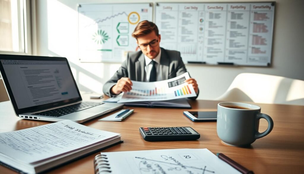 A professional workspace setting showcasing a well-organized table with various elements embodying the steps to create a business plan. In the foreground, a notebook open with handwritten notes, a laptop with a document on the screen, and a calculator. In the middle, a focused individual in business attire is analyzing charts and graphs displayed on a printout, with a cup of coffee beside them. In the background, a whiteboard filled with colorful diagrams and bullet points outlining different steps of planning. Soft, natural lighting streams from a window, creating a warm and inviting atmosphere. The overall mood conveys professionalism and diligence, emphasizing accuracy and expertise in business planning. A professional workspace setting showcasing a well-organized table with various elements embodying the steps to create a business plan. In the foreground, a notebook open with handwritten notes, a laptop with a document on the screen, and a calculator. In the middle, a focused individual in business attire is analyzing charts and graphs displayed on a printout, with a cup of coffee beside them. In the background, a whiteboard filled with colorful diagrams and bullet points outlining different steps of planning. Soft, natural lighting streams from a window, creating a warm and inviting atmosphere. The overall mood conveys professionalism and diligence, emphasizing accuracy and expertise in business planning.