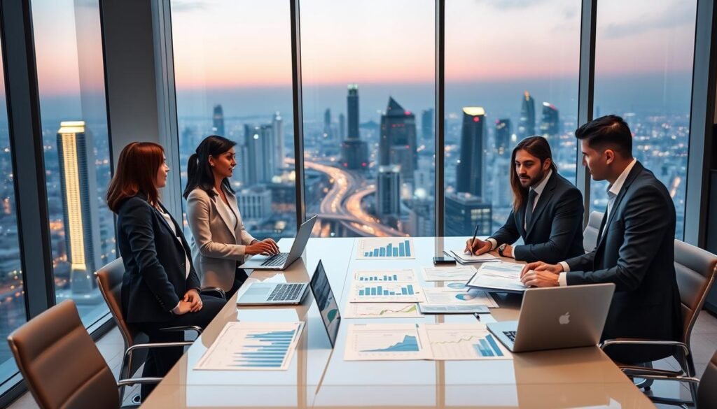 A sleek, modern office interior with large windows showcasing a skyline view of a bustling Middle Eastern city. In the foreground, a diverse group of three professionals in business attire, engaged in discussion, reviewing growth charts and investment portfolios. The middle ground features an elegant conference table adorned with sleek laptops, financial reports, and presentations illustrating sovereign wealth funds. In the background, vibrant city lights start to twinkle as dusk settles, casting a warm glow through the glass. The lighting is soft and professional, highlighting the seriousness of the discussion. The atmosphere is focused and dynamic, reflecting the intricate role of sovereign wealth funds in enhancing regional investments. A sleek, modern office interior with large windows showcasing a skyline view of a bustling Middle Eastern city. In the foreground, a diverse group of three professionals in business attire, engaged in discussion, reviewing growth charts and investment portfolios. The middle ground features an elegant conference table adorned with sleek laptops, financial reports, and presentations illustrating sovereign wealth funds. In the background, vibrant city lights start to twinkle as dusk settles, casting a warm glow through the glass. The lighting is soft and professional, highlighting the seriousness of the discussion. The atmosphere is focused and dynamic, reflecting the intricate role of sovereign wealth funds in enhancing regional investments.