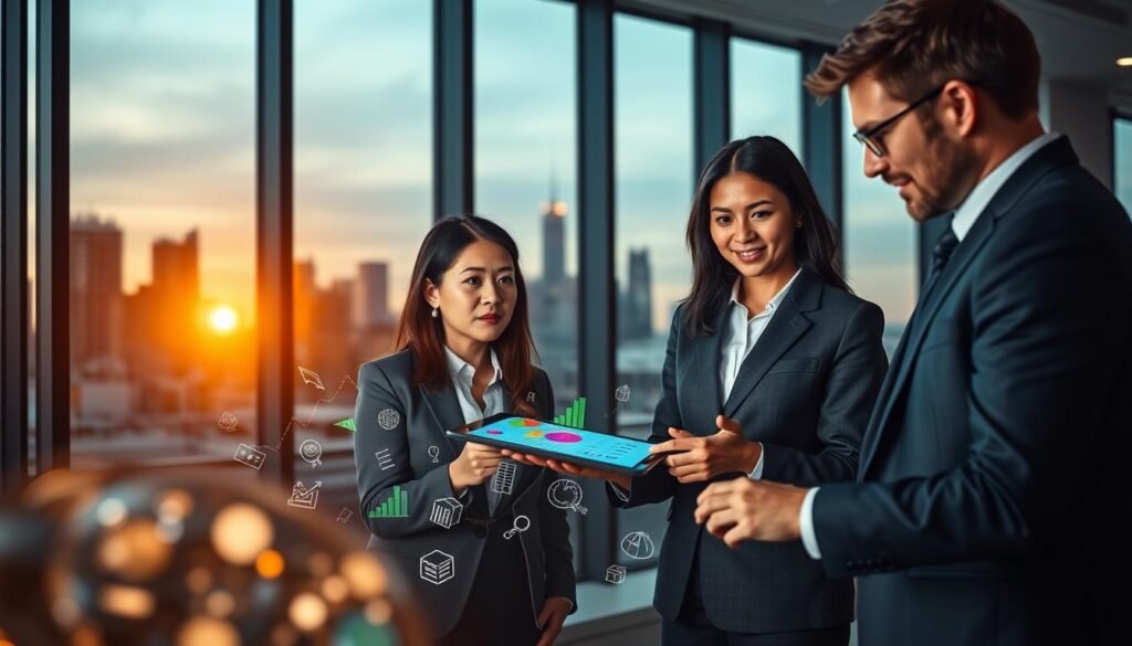 A sophisticated financial scene illustrating the concept of "diversifying investment portfolios." In the foreground, a diverse group of three professionals—two women and one man—dressed in smart business attire, are engaged in a focused discussion around a large, illuminated digital tablet displaying colorful charts and graphs. In the middle ground, scattered investment-related visuals such as stocks, bonds, and real estate icons are subtly integrated, representing various asset classes. The background features a modern office setting with large windows showcasing a city skyline during golden hour, casting warm, inviting light throughout the scene. The overall atmosphere exudes a sense of productive collaboration and innovative investment strategies. A sophisticated financial scene illustrating the concept of "diversifying investment portfolios." In the foreground, a diverse group of three professionals—two women and one man—dressed in smart business attire, are engaged in a focused discussion around a large, illuminated digital tablet displaying colorful charts and graphs. In the middle ground, scattered investment-related visuals such as stocks, bonds, and real estate icons are subtly integrated, representing various asset classes. The background features a modern office setting with large windows showcasing a city skyline during golden hour, casting warm, inviting light throughout the scene. The overall atmosphere exudes a sense of productive collaboration and innovative investment strategies.