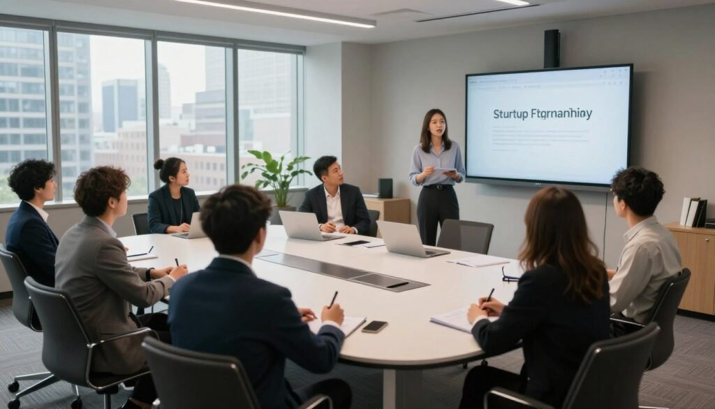 A spacious, modern conference room filled with diverse professionals participating in a startup training session. In the foreground, a confident female facilitator stands next to a digital presentation screen, engaging the audience. In the middle ground, a group of attendees, dressed in smart business attire, are seated at a sleek, oval table, taking notes and discussing ideas. The background features large windows letting in natural light, showcasing a city skyline outside. The atmosphere is dynamic and collaborative, with a sense of innovation and excitement. Utilize soft, diffused lighting to create an inviting mood, while capturing the scene from an angled perspective to show both the facilitator and audience in an immersive way. A spacious, modern conference room filled with diverse professionals participating in a startup training session. In the foreground, a confident female facilitator stands next to a digital presentation screen, engaging the audience. In the middle ground, a group of attendees, dressed in smart business attire, are seated at a sleek, oval table, taking notes and discussing ideas. The background features large windows letting in natural light, showcasing a city skyline outside. The atmosphere is dynamic and collaborative, with a sense of innovation and excitement. Utilize soft, diffused lighting to create an inviting mood, while capturing the scene from an angled perspective to show both the facilitator and audience in an immersive way.