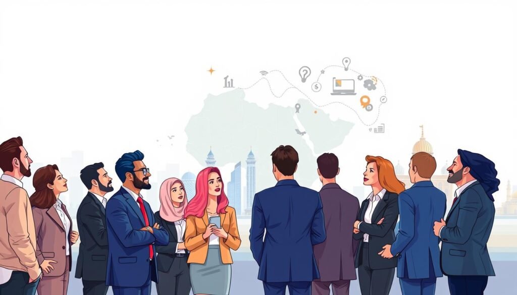 A vibrant and dynamic illustration depicting the opportunities of social entrepreneurship in the MENA region. In the foreground, a group of diverse business professionals—men and women of various ethnicities—are engaged in an animated discussion, dressed in professional business attire. In the middle, a large map of the MENA region is displayed, highlighting key cities and icons representing innovation, growth, and collaboration. In the background, a skyline of modern buildings merges with traditional architecture, symbolizing the blend of old and new. The lighting is bright and optimistic, conveying a sense of hope and progress. The angle should provide a broad view that emphasizes the collaborative spirit and entrepreneurial energy of the scene, while maintaining a clean and professional aesthetic, free of any text or distractions. A vibrant and dynamic illustration depicting the opportunities of social entrepreneurship in the MENA region. In the foreground, a group of diverse business professionals—men and women of various ethnicities—are engaged in an animated discussion, dressed in professional business attire. In the middle, a large map of the MENA region is displayed, highlighting key cities and icons representing innovation, growth, and collaboration. In the background, a skyline of modern buildings merges with traditional architecture, symbolizing the blend of old and new. The lighting is bright and optimistic, conveying a sense of hope and progress. The angle should provide a broad view that emphasizes the collaborative spirit and entrepreneurial energy of the scene, while maintaining a clean and professional aesthetic, free of any text or distractions.