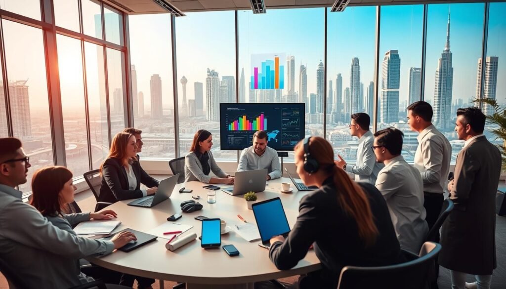 A vibrant and dynamic office space illustrating "Integrated Support Systems for Startups in the UAE." In the foreground, a diverse group of professionals in business attire engages in a brainstorming session around a large table, surrounded by high-tech gadgets and laptops. In the middle ground, a digital screen displays graphs and data analytics, symbolizing growth and innovation. The background features a modern office with large windows, showcasing a skyline of iconic UAE buildings, bathed in warm, natural light. The atmosphere is lively and collaborative, embodying the spirit of entrepreneurship and support for emerging businesses. Use a wide-angle lens for depth, ensuring a bright, optimistic mood. No text or logo present. A vibrant and dynamic office space illustrating "Integrated Support Systems for Startups in the UAE." In the foreground, a diverse group of professionals in business attire engages in a brainstorming session around a large table, surrounded by high-tech gadgets and laptops. In the middle ground, a digital screen displays graphs and data analytics, symbolizing growth and innovation. The background features a modern office with large windows, showcasing a skyline of iconic UAE buildings, bathed in warm, natural light. The atmosphere is lively and collaborative, embodying the spirit of entrepreneurship and support for emerging businesses. Use a wide-angle lens for depth, ensuring a bright, optimistic mood. No text or logo present.
