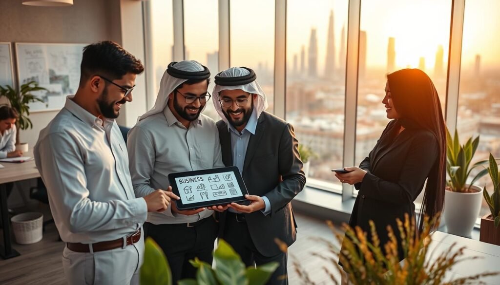 A vibrant and inspiring scene highlighting innovation in entrepreneurship. In the foreground, a diverse group of three Emirati entrepreneurs, dressed in professional business attire, are engaged in an animated discussion around a digital tablet displaying business ideas. In the middle ground, a contemporary and stylish co-working space filled with creative elements, such as plants and whiteboards featuring sketches and charts. The background showcases a panoramic window with a stunning view of a futuristic city skyline at sunset, bathed in warm golden light. The atmosphere is dynamic and energetic, symbolizing collaboration and forward-thinking. Capture the moment with a slightly elevated angle to emphasize the interaction and the innovative surroundings, creating a visual narrative of inspiration and success in entrepreneurship. A vibrant and inspiring scene highlighting innovation in entrepreneurship. In the foreground, a diverse group of three Emirati entrepreneurs, dressed in professional business attire, are engaged in an animated discussion around a digital tablet displaying business ideas. In the middle ground, a contemporary and stylish co-working space filled with creative elements, such as plants and whiteboards featuring sketches and charts. The background showcases a panoramic window with a stunning view of a futuristic city skyline at sunset, bathed in warm golden light. The atmosphere is dynamic and energetic, symbolizing collaboration and forward-thinking. Capture the moment with a slightly elevated angle to emphasize the interaction and the innovative surroundings, creating a visual narrative of inspiration and success in entrepreneurship.