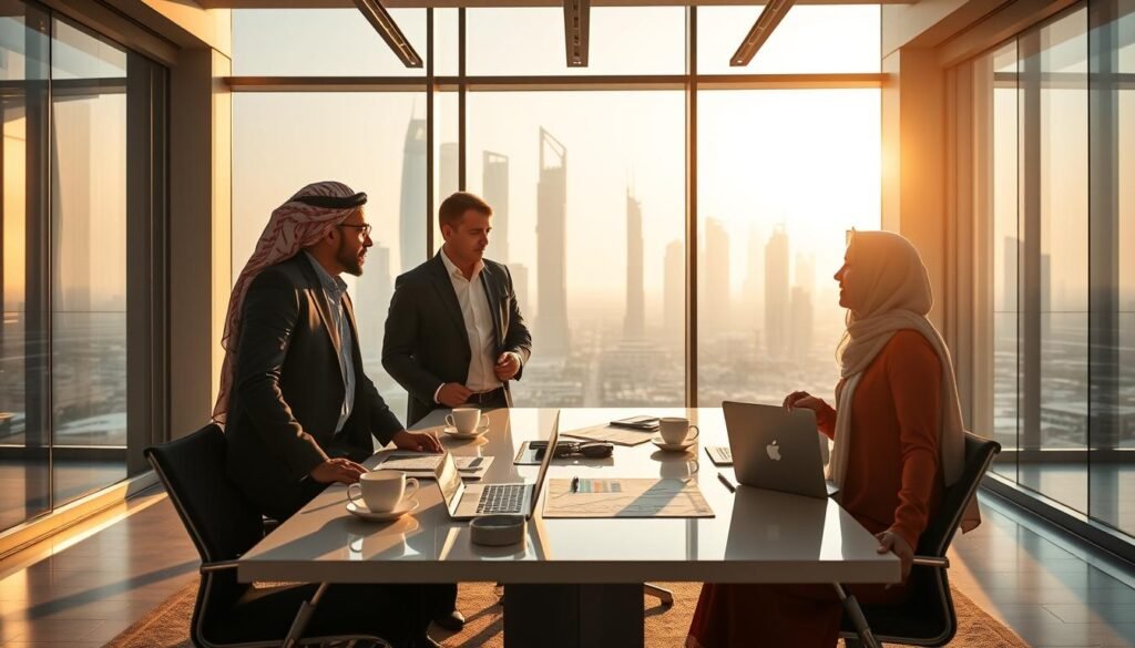 A vibrant and inspiring scene showcasing Emirati entrepreneurs in a modern workspace, emphasizing innovation and teamwork. In the foreground, a diverse group of three professionals—two men and one woman—are engaged in a lively discussion, dressed in smart business attire. The middle layer features a sleek conference table with laptops, charts, and coffee cups, symbolizing productivity and collaboration. In the background, large windows reveal a stunning view of a futuristic skyline, bathed in warm sunlight that creates an inviting atmosphere. The setting conveys a sense of ambition and success, with soft, natural lighting casting gentle shadows. The mood is motivational and dynamic, capturing the essence of entrepreneurial spirit in the UAE. A vibrant and inspiring scene showcasing Emirati entrepreneurs in a modern workspace, emphasizing innovation and teamwork. In the foreground, a diverse group of three professionals—two men and one woman—are engaged in a lively discussion, dressed in smart business attire. The middle layer features a sleek conference table with laptops, charts, and coffee cups, symbolizing productivity and collaboration. In the background, large windows reveal a stunning view of a futuristic skyline, bathed in warm sunlight that creates an inviting atmosphere. The setting conveys a sense of ambition and success, with soft, natural lighting casting gentle shadows. The mood is motivational and dynamic, capturing the essence of entrepreneurial spirit in the UAE.
