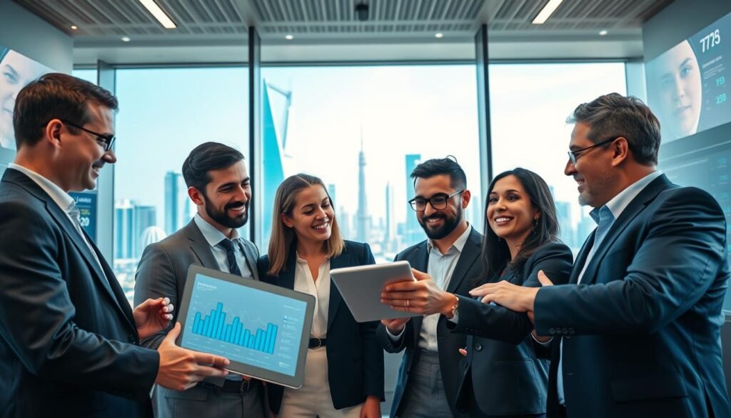 A vibrant and modern business office scene focusing on the fintech sector in the Gulf. In the foreground, a group of four diverse professionals dressed in smart business attire are engaged in a dynamic discussion around a sleek, digital tablet displaying data graphics. Their expressions reflect excitement and enthusiasm about investment opportunities. The middle ground features a large, glass window showcasing a panoramic view of a futuristic city skyline, with tall skyscrapers and innovative architecture under a clear blue sky. In the background, there are modern digital screens displaying financial data and trends. Soft, ambient lighting enhances the professional atmosphere, creating an inspiring and optimistic mood, perfect for illustrating advancements in the fintech industry. A vibrant and modern business office scene focusing on the fintech sector in the Gulf. In the foreground, a group of four diverse professionals dressed in smart business attire are engaged in a dynamic discussion around a sleek, digital tablet displaying data graphics. Their expressions reflect excitement and enthusiasm about investment opportunities. The middle ground features a large, glass window showcasing a panoramic view of a futuristic city skyline, with tall skyscrapers and innovative architecture under a clear blue sky. In the background, there are modern digital screens displaying financial data and trends. Soft, ambient lighting enhances the professional atmosphere, creating an inspiring and optimistic mood, perfect for illustrating advancements in the fintech industry.