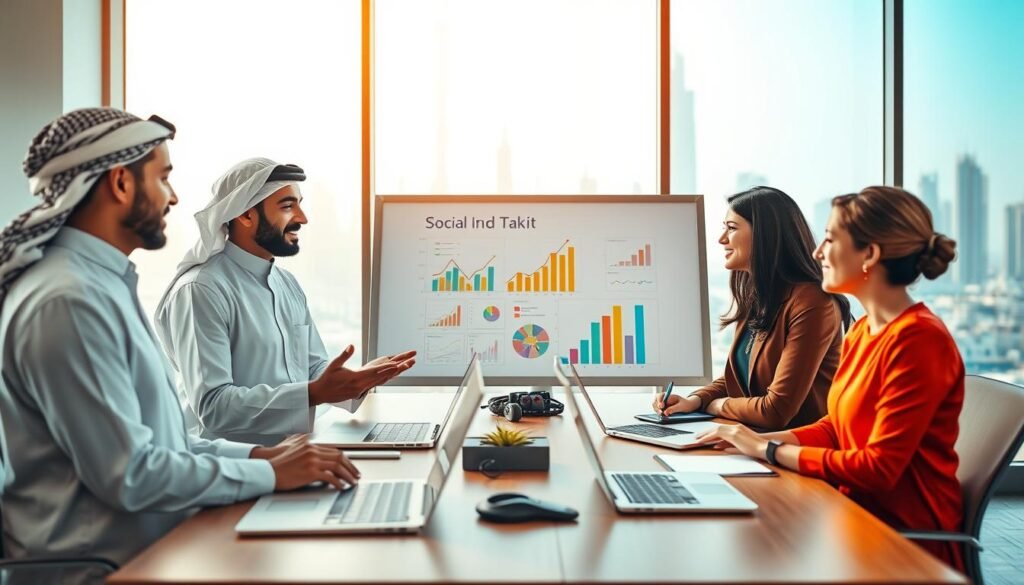 A vibrant depiction of the importance of social entrepreneurship in the UAE, showing a diverse group of professionals collaborating in a modern office space. In the foreground, a male Emirati entrepreneur in traditional attire discusses ideas with a female entrepreneur in business attire, both exchanging dynamic expressions of innovation and determination. In the middle, a large whiteboard displays colorful charts and graphs symbolizing growth and social impact, while laptops and digital devices are scattered across the table, reflecting a high-tech work environment. The background features large windows revealing the skyline of Dubai, bathed in warm, natural light, creating an uplifting atmosphere. Soft focus adds depth to the image, conveying a sense of meaningful collaboration and commitment to social progress. A vibrant depiction of the importance of social entrepreneurship in the UAE, showing a diverse group of professionals collaborating in a modern office space. In the foreground, a male Emirati entrepreneur in traditional attire discusses ideas with a female entrepreneur in business attire, both exchanging dynamic expressions of innovation and determination. In the middle, a large whiteboard displays colorful charts and graphs symbolizing growth and social impact, while laptops and digital devices are scattered across the table, reflecting a high-tech work environment. The background features large windows revealing the skyline of Dubai, bathed in warm, natural light, creating an uplifting atmosphere. Soft focus adds depth to the image, conveying a sense of meaningful collaboration and commitment to social progress.