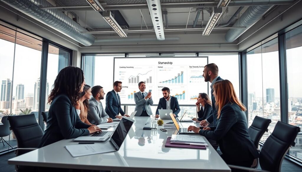A vibrant, dynamic scene illustrating partnerships and funding for startups, set within a modern office environment. In the foreground, a diverse group of professionals, dressed in smart business attire, engage in an animated discussion around a sleek conference table, with laptops and documents spread out. The middle ground features a large whiteboard filled with charts and diagrams showcasing growth strategies and financial projections. In the background, large windows reveal a bustling cityscape, symbolizing opportunity and innovation. Soft, natural lighting streams in, creating an uplifting atmosphere, while the angle captures the energy and collaboration of a productive brainstorming session. The overall mood is one of inspiration and forward-thinking, emphasizing the support and resources available for emerging businesses. A vibrant, dynamic scene illustrating partnerships and funding for startups, set within a modern office environment. In the foreground, a diverse group of professionals, dressed in smart business attire, engage in an animated discussion around a sleek conference table, with laptops and documents spread out. The middle ground features a large whiteboard filled with charts and diagrams showcasing growth strategies and financial projections. In the background, large windows reveal a bustling cityscape, symbolizing opportunity and innovation. Soft, natural lighting streams in, creating an uplifting atmosphere, while the angle captures the energy and collaboration of a productive brainstorming session. The overall mood is one of inspiration and forward-thinking, emphasizing the support and resources available for emerging businesses.