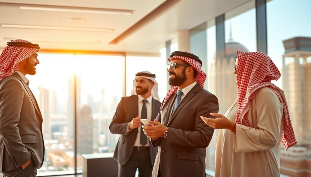 A vibrant, inspiring scene depicting successful Arab entrepreneurs in the Saudi market. In the foreground, a diverse group of three business professionals, two men and one woman, dressed in smart business attire, are engaged in a dynamic discussion, showcasing their innovative products. The middle ground features a sleek, modern office space with large windows revealing a bustling city skyline, symbolizing progress and opportunity. In the background, elements of Saudi culture, like traditional architecture blended with contemporary designs, can be seen to emphasize the fusion of tradition and modern entrepreneurship. The lighting is bright and uplifting, creating an atmosphere of ambition and success. Use a warm color palette to evoke positivity and inspiration. Capture the scene from a slightly elevated angle to encompass the full environment. A vibrant, inspiring scene depicting successful Arab entrepreneurs in the Saudi market. In the foreground, a diverse group of three business professionals, two men and one woman, dressed in smart business attire, are engaged in a dynamic discussion, showcasing their innovative products. The middle ground features a sleek, modern office space with large windows revealing a bustling city skyline, symbolizing progress and opportunity. In the background, elements of Saudi culture, like traditional architecture blended with contemporary designs, can be seen to emphasize the fusion of tradition and modern entrepreneurship. The lighting is bright and uplifting, creating an atmosphere of ambition and success. Use a warm color palette to evoke positivity and inspiration. Capture the scene from a slightly elevated angle to encompass the full environment.