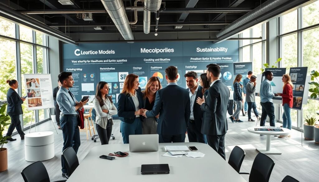 A vibrant, modern workspace showcasing successful startup models from various sectors, prominently featuring an open office layout filled with diverse professionals engaged in discussions and collaborative work. In the foreground, a team of four individuals in professional business attire brainstorm ideas around a sleek conference table, with laptops and innovation boards visible. The middle ground showcases various company products and solution displays, reflecting technology, healthcare, and sustainability sectors. The background includes large windows with sunlight streaming in, greenery visible outside for a fresh atmosphere. The lighting is bright and inviting, suggesting a dynamic and innovative environment. The overall mood is enthusiastic and forward-thinking, encapsulating the spirit of entrepreneurship in a contemporary setting. A vibrant, modern workspace showcasing successful startup models from various sectors, prominently featuring an open office layout filled with diverse professionals engaged in discussions and collaborative work. In the foreground, a team of four individuals in professional business attire brainstorm ideas around a sleek conference table, with laptops and innovation boards visible. The middle ground showcases various company products and solution displays, reflecting technology, healthcare, and sustainability sectors. The background includes large windows with sunlight streaming in, greenery visible outside for a fresh atmosphere. The lighting is bright and inviting, suggesting a dynamic and innovative environment. The overall mood is enthusiastic and forward-thinking, encapsulating the spirit of entrepreneurship in a contemporary setting.