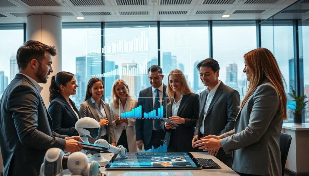 A vibrant office space showcasing the integration of artificial intelligence in business performance enhancement. In the foreground, a diverse group of professionals in business attire collaborate around a digital tablet displaying data analytics, with holographic graphs and charts vividly glowing above it. In the middle ground, futuristic technology such as AI-powered robots and screens showcasing real-time performance metrics enhance the entrepreneurial atmosphere. The background features a large window with a city skyline, reflecting a forward-thinking environment. Soft, bright lighting illuminates the scene, creating an inviting and innovative mood. The perspective is slightly angled from above, emphasizing the dynamic interaction and technological advancements, creating a sense of optimism and progress in the realm of entrepreneurship. A vibrant office space showcasing the integration of artificial intelligence in business performance enhancement. In the foreground, a diverse group of professionals in business attire collaborate around a digital tablet displaying data analytics, with holographic graphs and charts vividly glowing above it. In the middle ground, futuristic technology such as AI-powered robots and screens showcasing real-time performance metrics enhance the entrepreneurial atmosphere. The background features a large window with a city skyline, reflecting a forward-thinking environment. Soft, bright lighting illuminates the scene, creating an inviting and innovative mood. The perspective is slightly angled from above, emphasizing the dynamic interaction and technological advancements, creating a sense of optimism and progress in the realm of entrepreneurship.