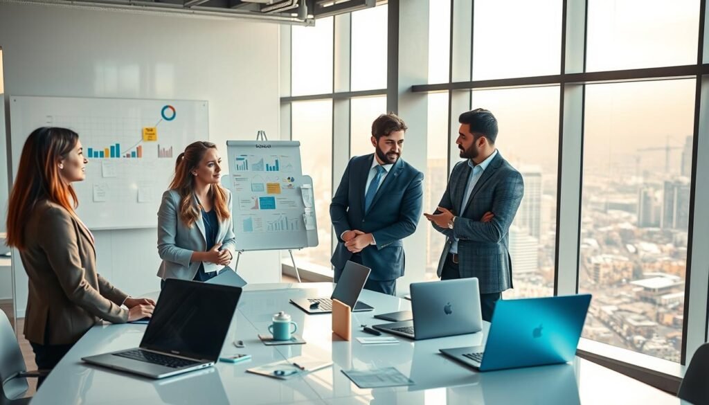 A vibrant scene depicting a modern business accelerator environment, showcasing diverse entrepreneurs in a collaborative workspace. In the foreground, a group of four professionals—two women and two men—are engaged in an animated discussion around a sleek, high-tech table covered with laptops and digital devices, all dressed in smart business attire. The middle ground features whiteboards filled with innovative ideas and colorful charts, while nearby, a mentor provides guidance to a young entrepreneur, symbolizing training and support. In the background, large windows let in warm natural light, illuminating a bustling urban landscape, reflecting an atmosphere of motivation and growth. The overall mood is dynamic and inspiring, embodying the spirit of entrepreneurship and teamwork in the Middle East. A vibrant scene depicting a modern business accelerator environment, showcasing diverse entrepreneurs in a collaborative workspace. In the foreground, a group of four professionals—two women and two men—are engaged in an animated discussion around a sleek, high-tech table covered with laptops and digital devices, all dressed in smart business attire. The middle ground features whiteboards filled with innovative ideas and colorful charts, while nearby, a mentor provides guidance to a young entrepreneur, symbolizing training and support. In the background, large windows let in warm natural light, illuminating a bustling urban landscape, reflecting an atmosphere of motivation and growth. The overall mood is dynamic and inspiring, embodying the spirit of entrepreneurship and teamwork in the Middle East.
