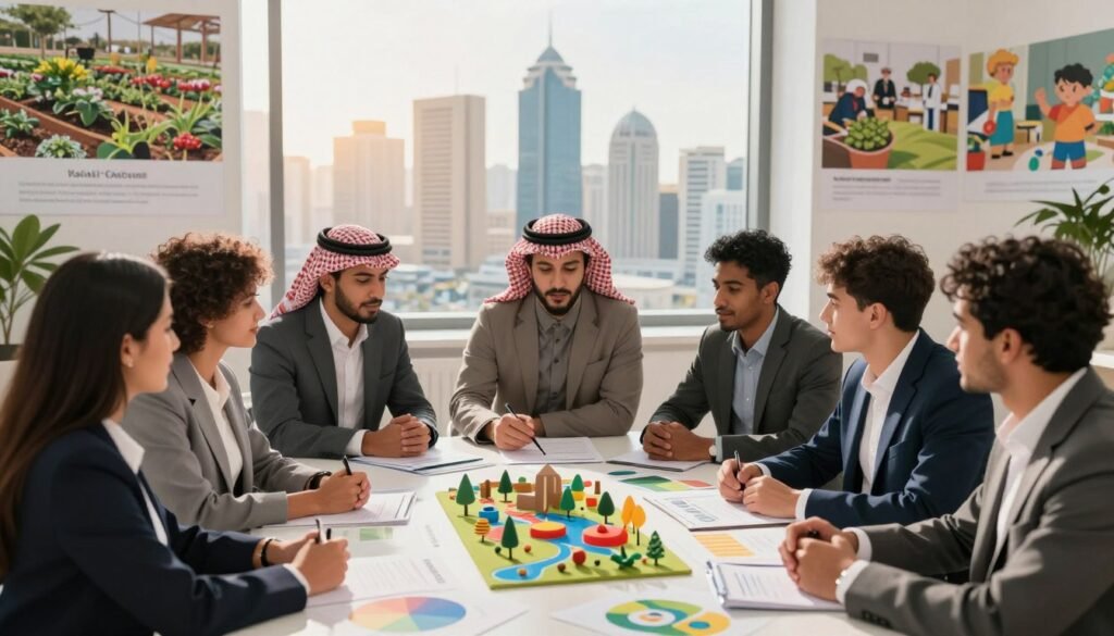 A vibrant scene depicting the impact of social entrepreneurship in Saudi Arabia. In the foreground, a diverse group of young professionals in smart business attire engage in a collaborative discussion around a table filled with colorful charts and models showcasing social projects. The middle ground features a large window displaying a bustling cityscape, symbolizing growth and innovation. Light filters through, creating a warm and inviting atmosphere. In the background, subtle images of community projects, like a sustainable garden and educational programs, capture the essence of social change. The overall mood is optimistic and dynamic, highlighting the transformative power of social entrepreneurship in fostering societal improvements. Use soft, natural lighting and a slightly elevated angle to enhance the perspective. A vibrant scene depicting the impact of social entrepreneurship in Saudi Arabia. In the foreground, a diverse group of young professionals in smart business attire engage in a collaborative discussion around a table filled with colorful charts and models showcasing social projects. The middle ground features a large window displaying a bustling cityscape, symbolizing growth and innovation. Light filters through, creating a warm and inviting atmosphere. In the background, subtle images of community projects, like a sustainable garden and educational programs, capture the essence of social change. The overall mood is optimistic and dynamic, highlighting the transformative power of social entrepreneurship in fostering societal improvements. Use soft, natural lighting and a slightly elevated angle to enhance the perspective.