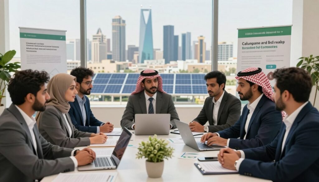 A vibrant scene depicting the opportunities and challenges of social entrepreneurship in Saudi Arabia. In the foreground, a diverse group of individuals in professional business attire are engaged in a dynamic discussion around a table filled with papers and technology, symbolizing collaboration. In the middle ground, various elements represent social projects, such as renewable energy solutions and community development plans. The background features a panoramic view of Riyadh's skyline, showcasing both traditional and modern architecture. Soft, natural lighting filters through a large window, creating an optimistic atmosphere. A slight depth of field highlights the focused expressions of the individuals, emphasizing their commitment to social change. A vibrant scene depicting the opportunities and challenges of social entrepreneurship in Saudi Arabia. In the foreground, a diverse group of individuals in professional business attire are engaged in a dynamic discussion around a table filled with papers and technology, symbolizing collaboration. In the middle ground, various elements represent social projects, such as renewable energy solutions and community development plans. The background features a panoramic view of Riyadh's skyline, showcasing both traditional and modern architecture. Soft, natural lighting filters through a large window, creating an optimistic atmosphere. A slight depth of field highlights the focused expressions of the individuals, emphasizing their commitment to social change.