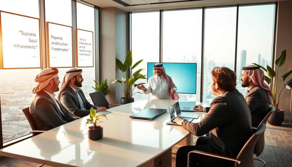 A vibrant scene showcasing successful Saudi entrepreneurs, depicted in a modern office environment. In the foreground, a diverse group of three individuals, two men and one woman, are engaged in a brainstorming session around a sleek conference table, dressed in professional business attire. The woman is presenting with confidence, gesturing towards a digital presentation on a screen behind her. In the middle ground, several inspirational quotes framed on the walls highlight success and innovation. The background reveals a panoramic view of a dynamic city skyline through large glass windows, adorned with elegant green plants for a touch of freshness. The lighting is warm and inviting, creating an atmosphere of motivation and collaboration, captured with a slight wide-angle lens to emphasize the space. A vibrant scene showcasing successful Saudi entrepreneurs, depicted in a modern office environment. In the foreground, a diverse group of three individuals, two men and one woman, are engaged in a brainstorming session around a sleek conference table, dressed in professional business attire. The woman is presenting with confidence, gesturing towards a digital presentation on a screen behind her. In the middle ground, several inspirational quotes framed on the walls highlight success and innovation. The background reveals a panoramic view of a dynamic city skyline through large glass windows, adorned with elegant green plants for a touch of freshness. The lighting is warm and inviting, creating an atmosphere of motivation and collaboration, captured with a slight wide-angle lens to emphasize the space.