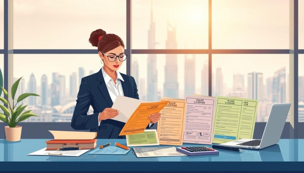 A visually engaging illustration to represent the different types of commercial licenses in the UAE, set in a modern office environment. In the foreground, display a professional businesswoman in business attire, reviewing a colorful array of documents symbolizing various trade licenses. In the middle, arrange several office tools, such as a laptop and a calculator, enhancing the business atmosphere. The background should feature a large window overlooking a skyline of Dubai, bathed in warm sunlight, conveying a sense of opportunity and ambition. Use soft, natural lighting to create an inviting atmosphere, while maintaining focus on the business theme. Aim for a clean, organized composition that exudes professionalism and clarity. A visually engaging illustration to represent the different types of commercial licenses in the UAE, set in a modern office environment. In the foreground, display a professional businesswoman in business attire, reviewing a colorful array of documents symbolizing various trade licenses. In the middle, arrange several office tools, such as a laptop and a calculator, enhancing the business atmosphere. The background should feature a large window overlooking a skyline of Dubai, bathed in warm sunlight, conveying a sense of opportunity and ambition. Use soft, natural lighting to create an inviting atmosphere, while maintaining focus on the business theme. Aim for a clean, organized composition that exudes professionalism and clarity.