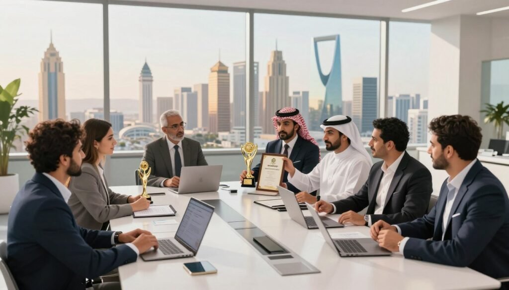 A visually striking illustration of entrepreneurial awards and support focused on the theme of 2026 business competitions in Saudi Arabia. In the foreground, a diverse group of professional individuals, dressed in business attire, enthusiastically discussing strategies while examining trophies and certificates that symbolize achievement. In the middle ground, a sleek, modern conference table adorned with technology such as laptops and tablets showcases innovative ideas. The background features a dynamic cityscape of Riyadh with distinctive architectural landmarks, symbolizing growth and opportunities. Soft natural lighting filters in from large windows, creating an inspiring and optimistic atmosphere that highlights both challenges and prospects in entrepreneurship. Capture this moment from a slightly elevated angle to emphasize collaboration and connection. The overall mood should be one of ambition and encouragement, perfect for aspiring entrepreneurs. A visually striking illustration of entrepreneurial awards and support focused on the theme of 2026 business competitions in Saudi Arabia. In the foreground, a diverse group of professional individuals, dressed in business attire, enthusiastically discussing strategies while examining trophies and certificates that symbolize achievement. In the middle ground, a sleek, modern conference table adorned with technology such as laptops and tablets showcases innovative ideas. The background features a dynamic cityscape of Riyadh with distinctive architectural landmarks, symbolizing growth and opportunities. Soft natural lighting filters in from large windows, creating an inspiring and optimistic atmosphere that highlights both challenges and prospects in entrepreneurship. Capture this moment from a slightly elevated angle to emphasize collaboration and connection. The overall mood should be one of ambition and encouragement, perfect for aspiring entrepreneurs.