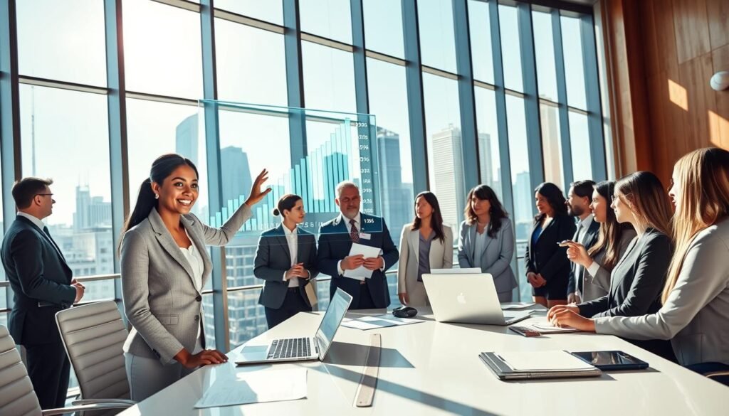 A visually striking representation of the economic impact of investment funds, featuring a diverse group of professionals in formal business attire gathered around a large digital touchscreen displaying dynamic financial graphs and statistics. In the foreground, a confident woman points to a rising chart, symbolizing growth and opportunity. The middle ground includes a mix of men and women engaged in thoughtful discussion, with documents and laptops scattered on a stylish conference table. In the background, tall glass windows reveal a modern city skyline under a bright, sunny atmosphere, suggesting progress and prosperity. The lighting is bright and inviting, casting soft shadows to enhance depth. The overall mood conveys optimism and collaboration in financial development, with a focus on the transformative power of investment funds. A visually striking representation of the economic impact of investment funds, featuring a diverse group of professionals in formal business attire gathered around a large digital touchscreen displaying dynamic financial graphs and statistics. In the foreground, a confident woman points to a rising chart, symbolizing growth and opportunity. The middle ground includes a mix of men and women engaged in thoughtful discussion, with documents and laptops scattered on a stylish conference table. In the background, tall glass windows reveal a modern city skyline under a bright, sunny atmosphere, suggesting progress and prosperity. The lighting is bright and inviting, casting soft shadows to enhance depth. The overall mood conveys optimism and collaboration in financial development, with a focus on the transformative power of investment funds.