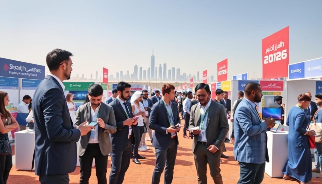 An engaging scene from the "Sharjah Entrepreneurship Festival 2026" showcasing a vibrant atmosphere filled with innovation and creativity. In the foreground, a diverse group of entrepreneurs dressed in professional business attire engage in discussions, sharing ideas while holding digital devices and prototypes. The middle ground features stalls showcasing modern innovations and startups, each adorned with colorful banners and displays demonstrating cutting-edge technology. In the background, the iconic skyline of Sharjah can be seen under a bright blue sky. Soft, natural lighting highlights the excitement and energy of the festival, with a warm ambience that reflects collaboration and enthusiasm in entrepreneurship. The perspective is slightly angled to create depth, drawing the viewer’s attention into the dynamic interactions of the attendees. An engaging scene from the "Sharjah Entrepreneurship Festival 2026" showcasing a vibrant atmosphere filled with innovation and creativity. In the foreground, a diverse group of entrepreneurs dressed in professional business attire engage in discussions, sharing ideas while holding digital devices and prototypes. The middle ground features stalls showcasing modern innovations and startups, each adorned with colorful banners and displays demonstrating cutting-edge technology. In the background, the iconic skyline of Sharjah can be seen under a bright blue sky. Soft, natural lighting highlights the excitement and energy of the festival, with a warm ambience that reflects collaboration and enthusiasm in entrepreneurship. The perspective is slightly angled to create depth, drawing the viewer’s attention into the dynamic interactions of the attendees.