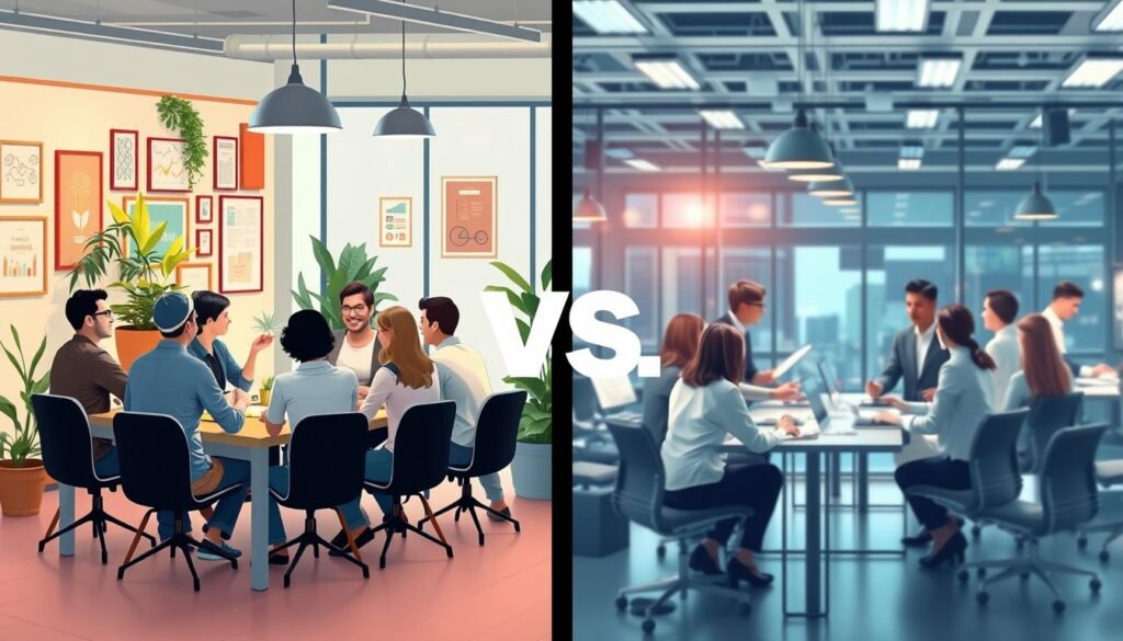 An informative split-scene illustration highlighting "the difference between business incubators and accelerators." In the foreground, on the left, depict a modern business incubator setting: a friendly, diverse group of entrepreneurs engaged in a brainstorming session around a large table, surrounded by inspirational posters and plants, with warm, inviting lighting. Use soft focus for this section to create a collaborative atmosphere. In the foreground, on the right, showcase a business accelerator environment: a sleek, high-tech workspace with individuals in professional attire, discussing strategies in a more fast-paced manner, with bright, focused lighting offering a sense of urgency. In the background, blend both scenes seamlessly, incorporating elements that symbolize growth and innovation, such as charts or digital screens. Ensure it conveys a professional and optimistic mood. An informative split-scene illustration highlighting "the difference between business incubators and accelerators." In the foreground, on the left, depict a modern business incubator setting: a friendly, diverse group of entrepreneurs engaged in a brainstorming session around a large table, surrounded by inspirational posters and plants, with warm, inviting lighting. Use soft focus for this section to create a collaborative atmosphere. In the foreground, on the right, showcase a business accelerator environment: a sleek, high-tech workspace with individuals in professional attire, discussing strategies in a more fast-paced manner, with bright, focused lighting offering a sense of urgency. In the background, blend both scenes seamlessly, incorporating elements that symbolize growth and innovation, such as charts or digital screens. Ensure it conveys a professional and optimistic mood.