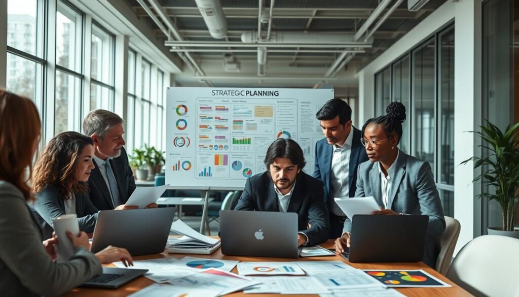 An organized workspace depicting effective financial and operational planning for a business project. In the foreground, a diverse group of three professionals in business attire is engaged in a collaborative discussion around a table, analyzing graphs, charts, and financial documents on laptops and printed paper. In the middle, there's a whiteboard filled with colorful strategic planning outlines and key performance indicators, showcasing a well-structured project roadmap. In the background, a modern office environment with large windows allowing natural light to create a bright atmosphere. The scene is captured from a slightly elevated angle, providing a comprehensive view of the collaboration in action, emphasizing teamwork and focus on financial success. The overall mood is professional, inspiring, and forward-looking. An organized workspace depicting effective financial and operational planning for a business project. In the foreground, a diverse group of three professionals in business attire is engaged in a collaborative discussion around a table, analyzing graphs, charts, and financial documents on laptops and printed paper. In the middle, there's a whiteboard filled with colorful strategic planning outlines and key performance indicators, showcasing a well-structured project roadmap. In the background, a modern office environment with large windows allowing natural light to create a bright atmosphere. The scene is captured from a slightly elevated angle, providing a comprehensive view of the collaboration in action, emphasizing teamwork and focus on financial success. The overall mood is professional, inspiring, and forward-looking.
